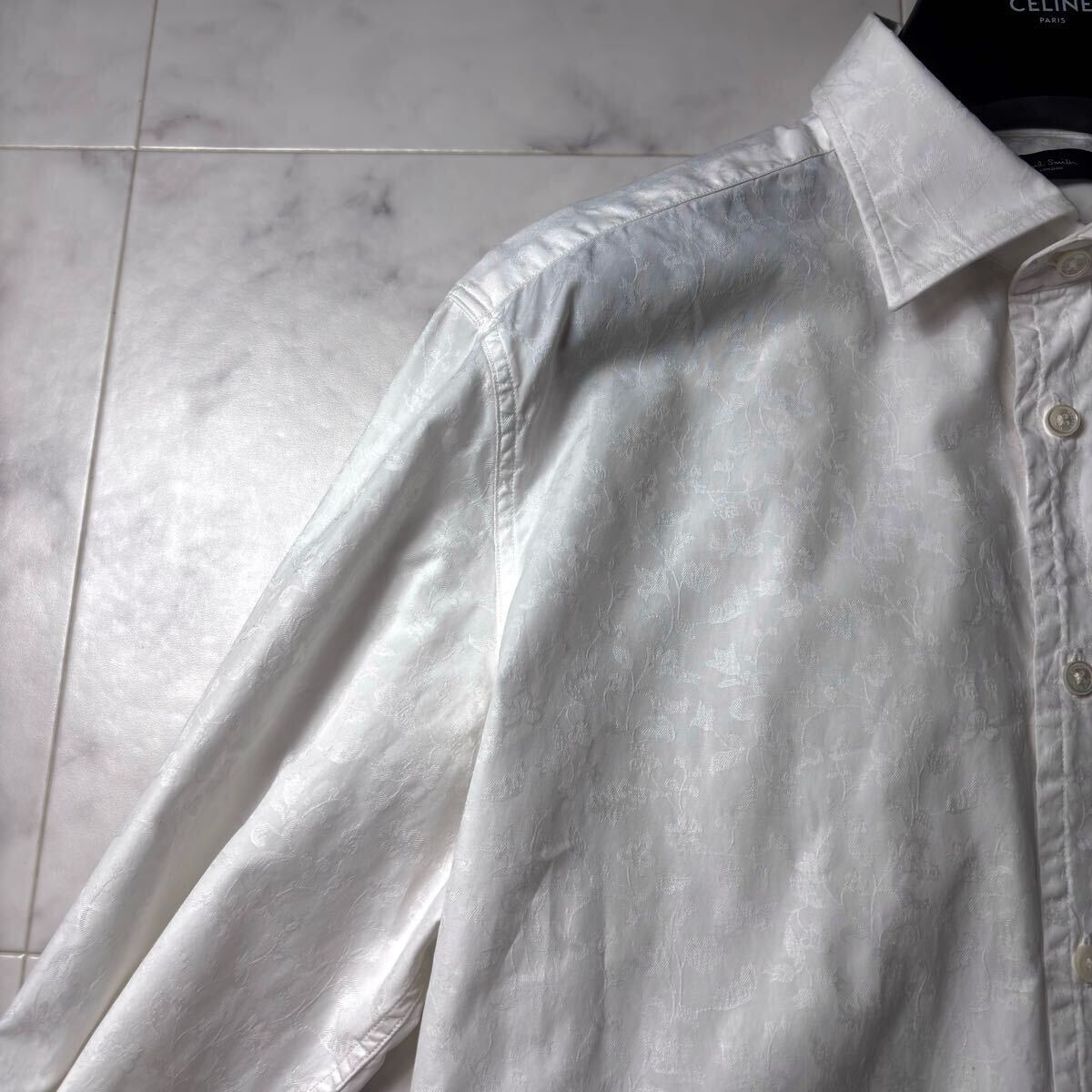極美品/希少XL Paul Smith 長(zhǎng)袖シャツ ドレスシャツ【シャドー花柄】総柄 フラワー 袖里デザイン 春夏 ホワイト 白 メンズ ポールスミス