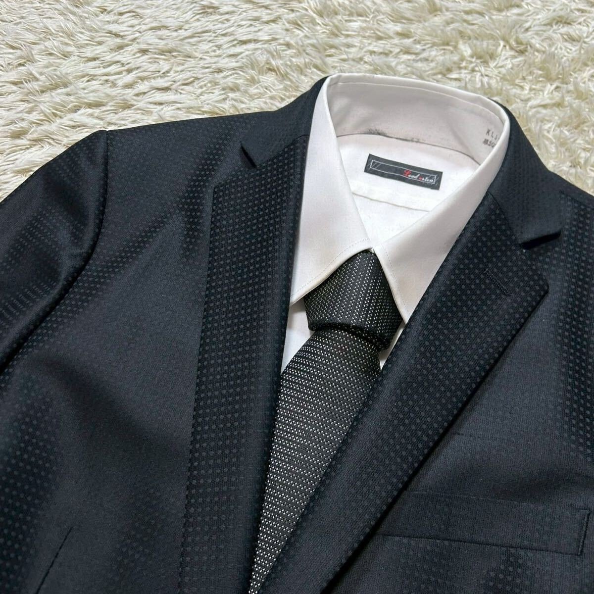 希少XL相當!!!カルバンクライン【溢れる光沢感】Calvin Klein スーツ　セットアップ　テーラードジャケット　ドット　ブラック