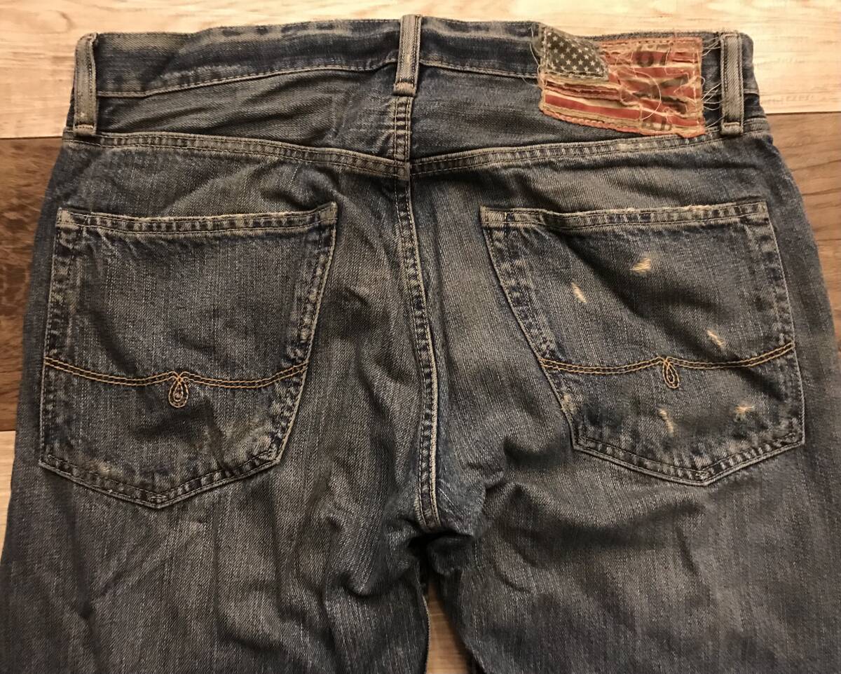 美品 POLO RALPH LAUREN RL67 デニムパンツ ジーンズ 星條旗パッチ 刺繍 ヴィンテージ加工 ストレート 正規(guī)品 インディゴ ウエスト実寸86cm