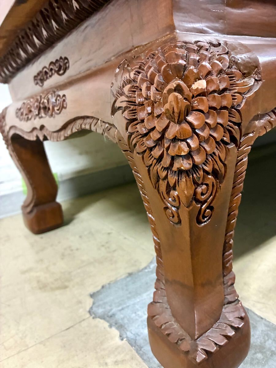 ②アジアン家具 チーク材 長(zhǎng)椅子 花彫刻 極上細(xì)密彫刻 三人掛けソファ 3Pソファ トリプルソファ 天然木 応接ソファ 応接椅子 クラシック