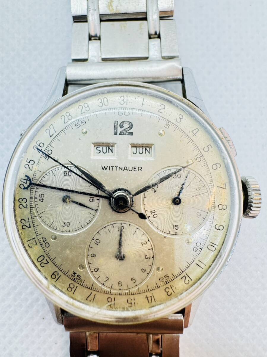 1円?☆稼働☆【W(wǎng)ITTNAUER】ウィットナー トリプルカレンダー クロノ 希少 復(fù)雑時計 アンティーク ヴィンテージ 激レア【TNK249】現(xiàn)狀品