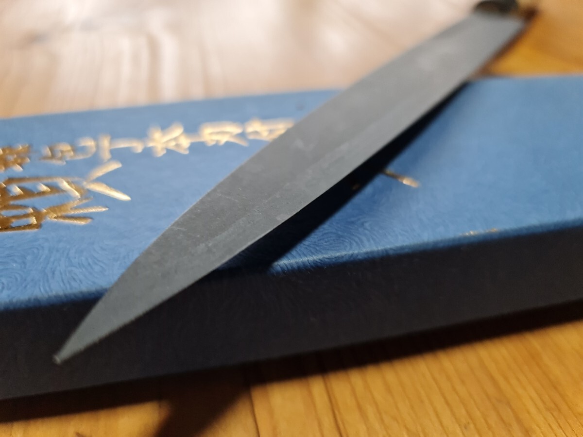 新品未使用品 昭和レトロ 和包丁柳刃包丁 刺身包丁 京都包丁本刃付 頼光 ケミフロン加工 全長約380mm 刃渡り約240mm