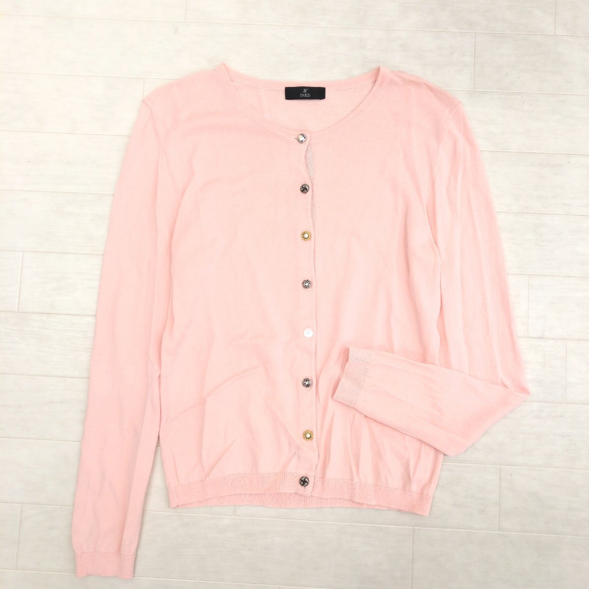 INED イネド 飾りボタン サマーニット アンサンブル 9(M) ベビーピンク カーディガン セーター 半袖 春夏 國內(nèi)正規(guī)品 レディース 婦人