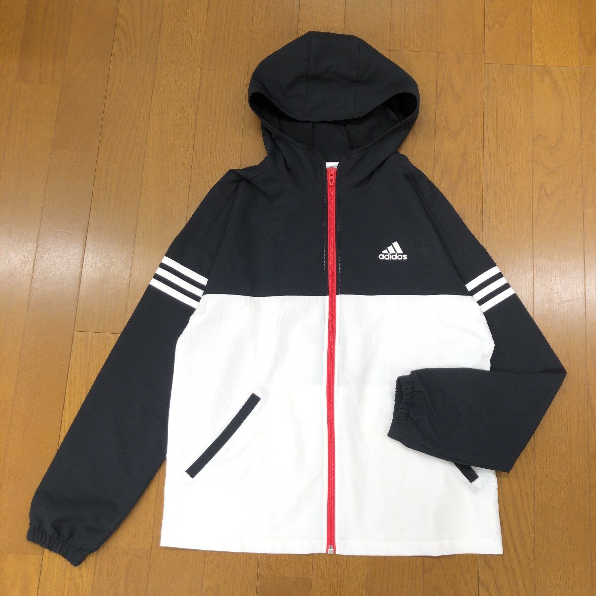 美品 adidas アディダス バイカラー ウーブン ジップアップ パーカー S フーデット ジャージ ジャケット 羽織り トレーニング スポーツ_画像1