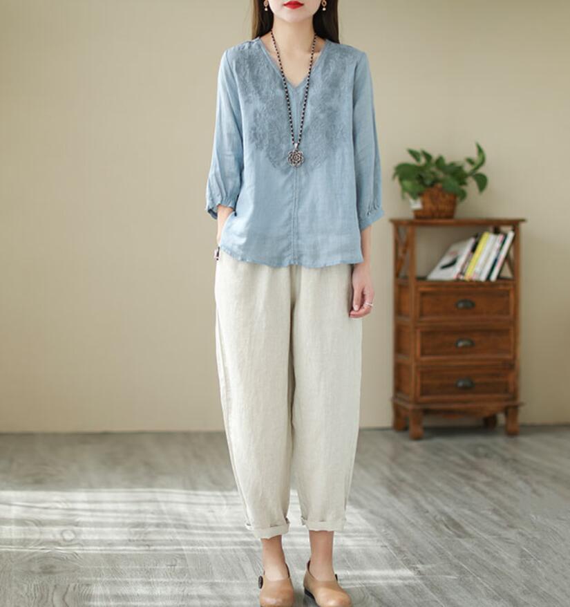 同梱1萬円送料無料■ ゆったり ブラウスシャツ きれいめ お花 刺繍り ブラウス 通勤 綿麻 大きいサイズ シャツ チュニック■オレンジ