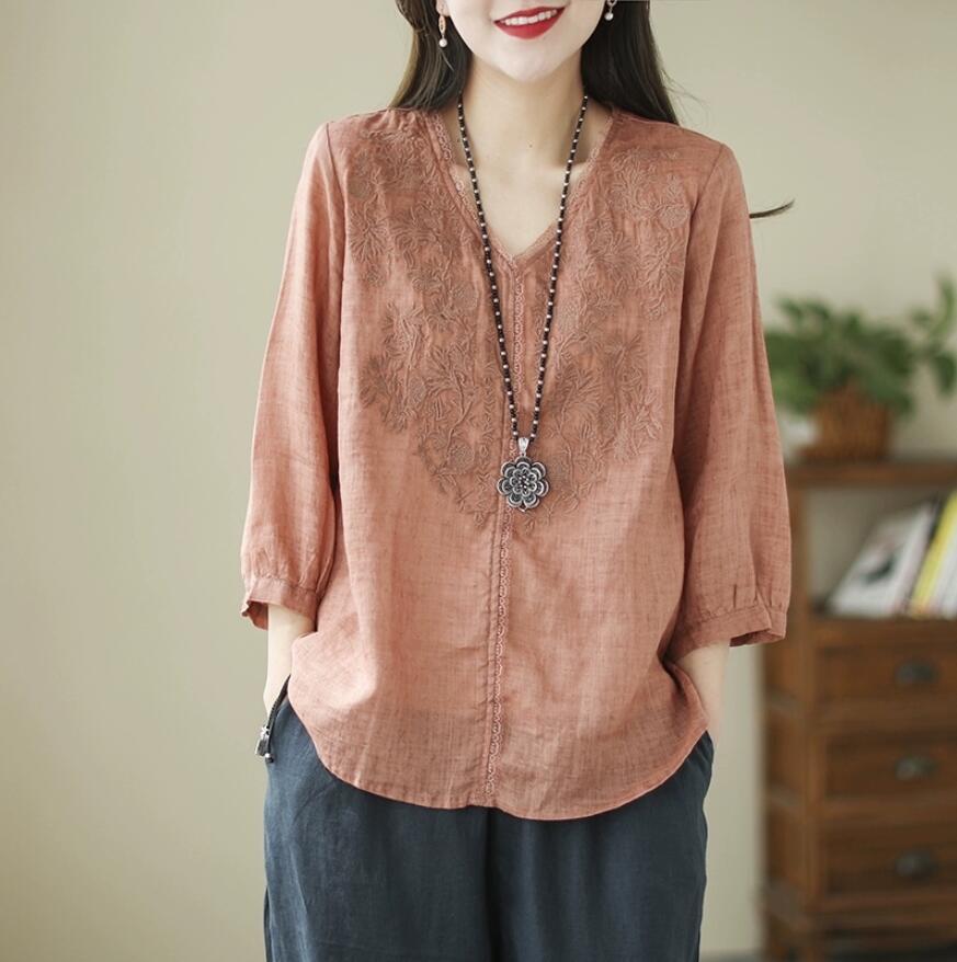 同梱1萬円送料無料■ ゆったり ブラウスシャツ きれいめ お花 刺繍り ブラウス 通勤 綿麻 大きいサイズ シャツ チュニック■オレンジ