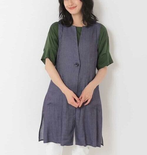 28,600円★ヒロコビス【洗える】シャンブレー?ロングジレ　ネイビー　L　11號　HIROKO KOSHINO　ヒロココシノ