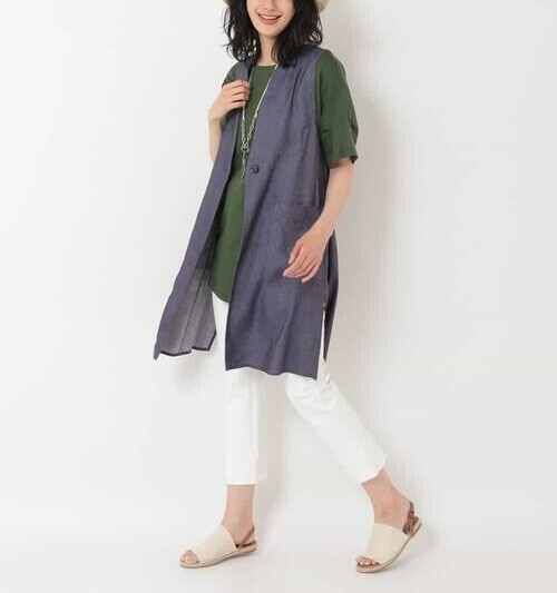 28,600円★ヒロコビス【洗える】シャンブレー?ロングジレ　ネイビー　L　11號　HIROKO KOSHINO　ヒロココシノ