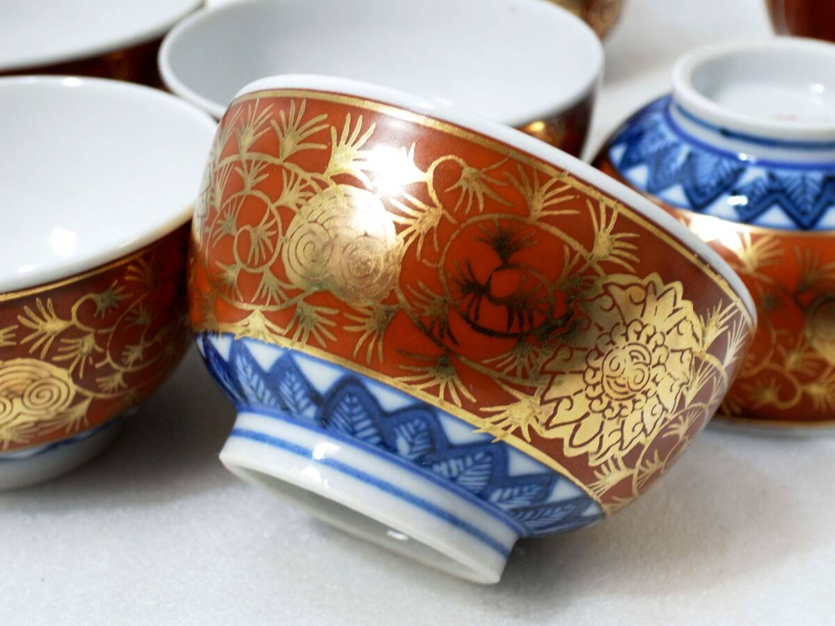 6☆本場 九谷焼 九谷永楽 宝相華紋 呉須赤絵金彩 茶注 茗碗 5客