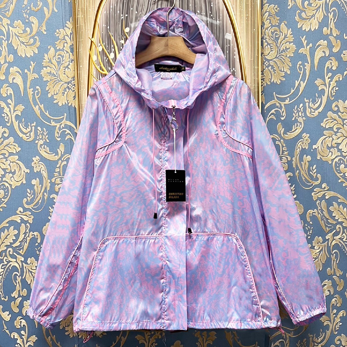定価5萬★christian milada?ミラノ発?ジャケット★通気 速干 薄手 フード付き 総柄 カラフル 日焼け止め UVカット レディース 夏用 S/34