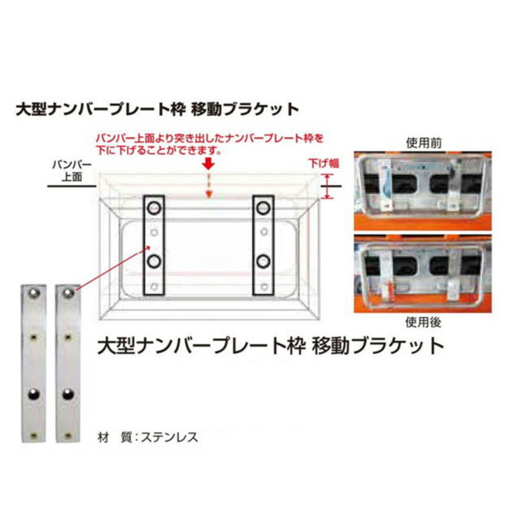 ナンバープレート枠 トラック用品 ジェットイノウエ 大型ナンバー枠移動(dòng)ブラケット 70mm下げタイプ 2個(gè)入 ステンレス 502973
