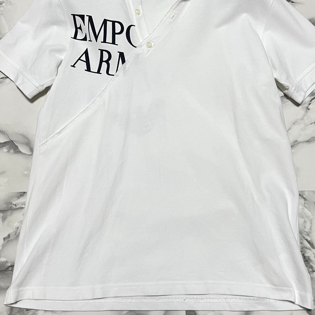 極美品●希少L! エンポリオアルマーニ 半袖 ポロシャツ EMPORIO ARMANI イーグルロゴ 変形デザイン 鹿の子 ストレッチ 人気モデル ホワイト