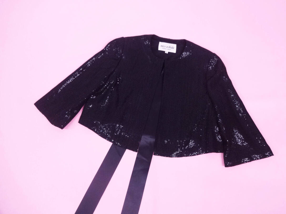 miss ashida ミスアシダ ボレロジャケット キラキラスパンコールブラック サテンリボン付き_画像1