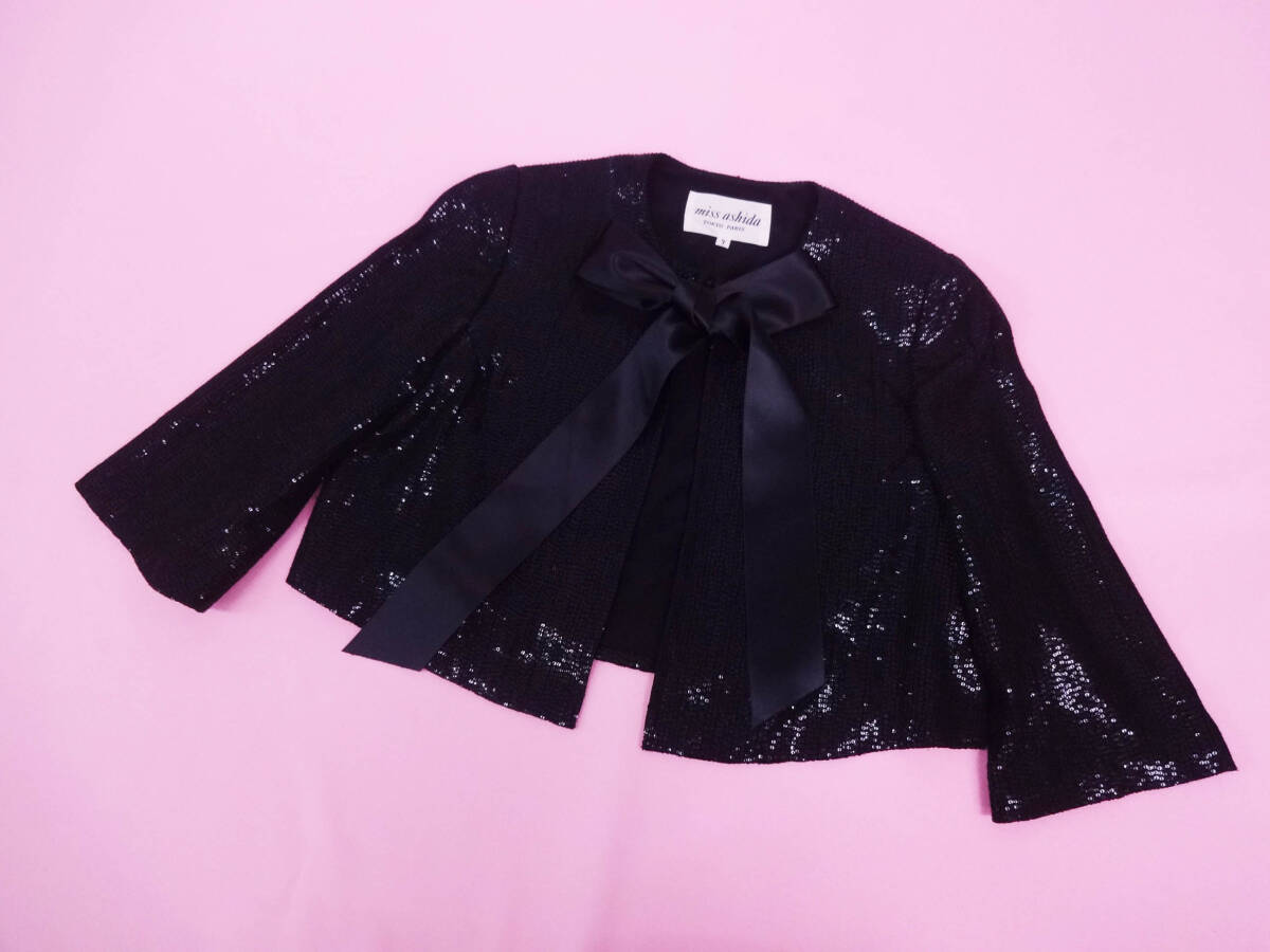 miss ashida ミスアシダ ボレロジャケット キラキラスパンコールブラック サテンリボン付き_画像2