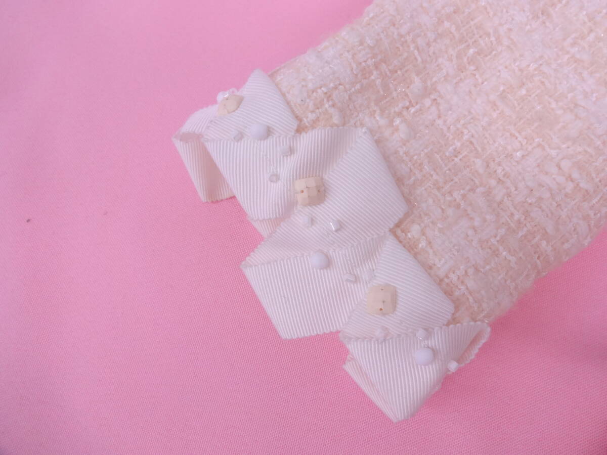 miss ashida ミスアシダ　　ツイードノーカラージャケット　グログランリボン飾り　オフホワイト_画像4