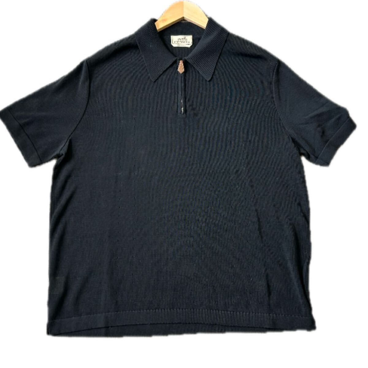 【HERMES】エルメス　ポロシャツ　半袖　シアー　XXLサイズ　ブラック　ハーフジップ　イタリア制　春夏　メンズ　古著【TU00882】