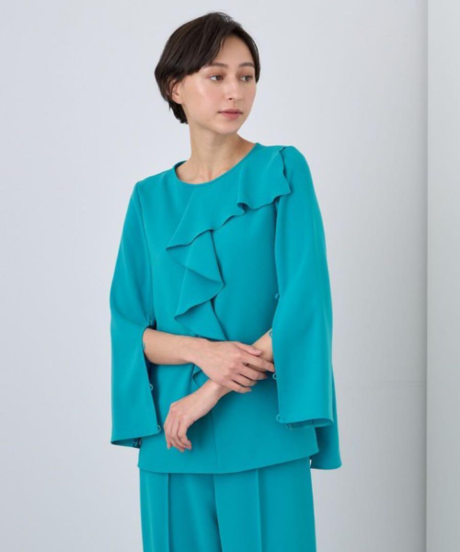 【585】アナイ　ストレッチクロスアシメフリル ブラウス　グリーン　38 585】アナイ ストレッチクロスアシメフリル ブラウス グリーン