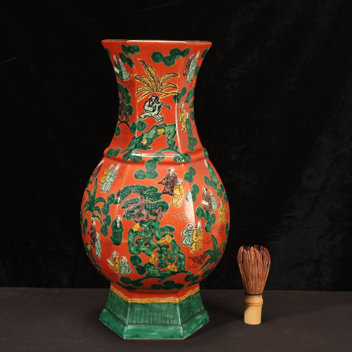 中国美術 金彩色絵 蓋付 祝飾り壺 花瓶 壺 花鳥 宮廷人物図