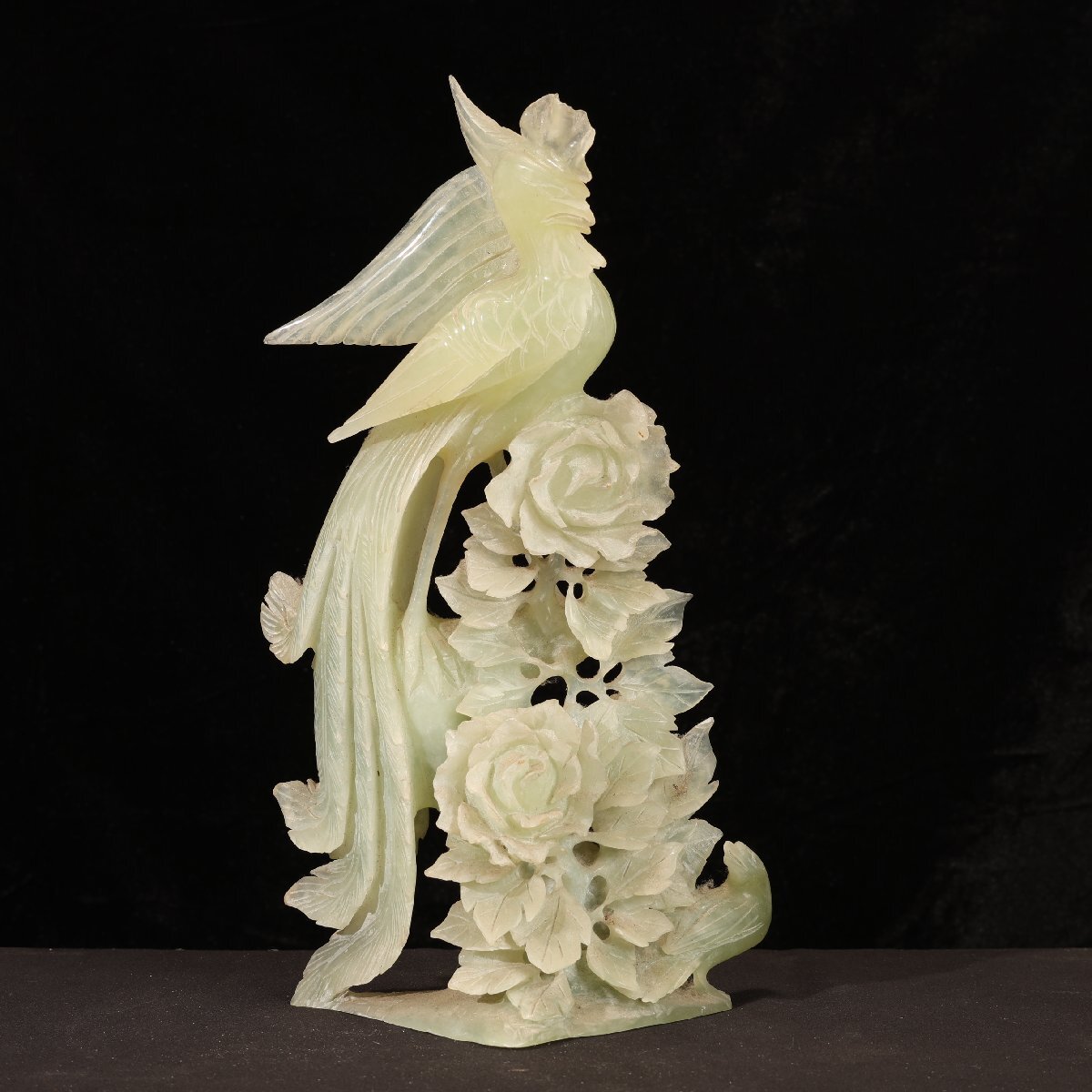 珍品堂】1円から F074 置物 鳳凰 天然玉石 翡翠 細密彫刻 縁起物