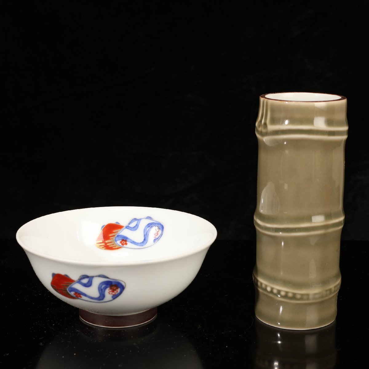 【珍品堂】1円から F086　深川制磁　百年庵　お椀　花瓶　懐石　和食器　古美術(shù)　骨董品　お椀:徑11.5x高約5cm 竹:徑5x高約13cm