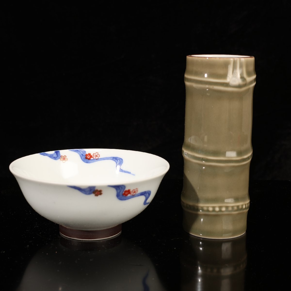 【珍品堂】1円から F086　深川制磁　百年庵　お椀　花瓶　懐石　和食器　古美術(shù)　骨董品　お椀:徑11.5x高約5cm 竹:徑5x高約13cm