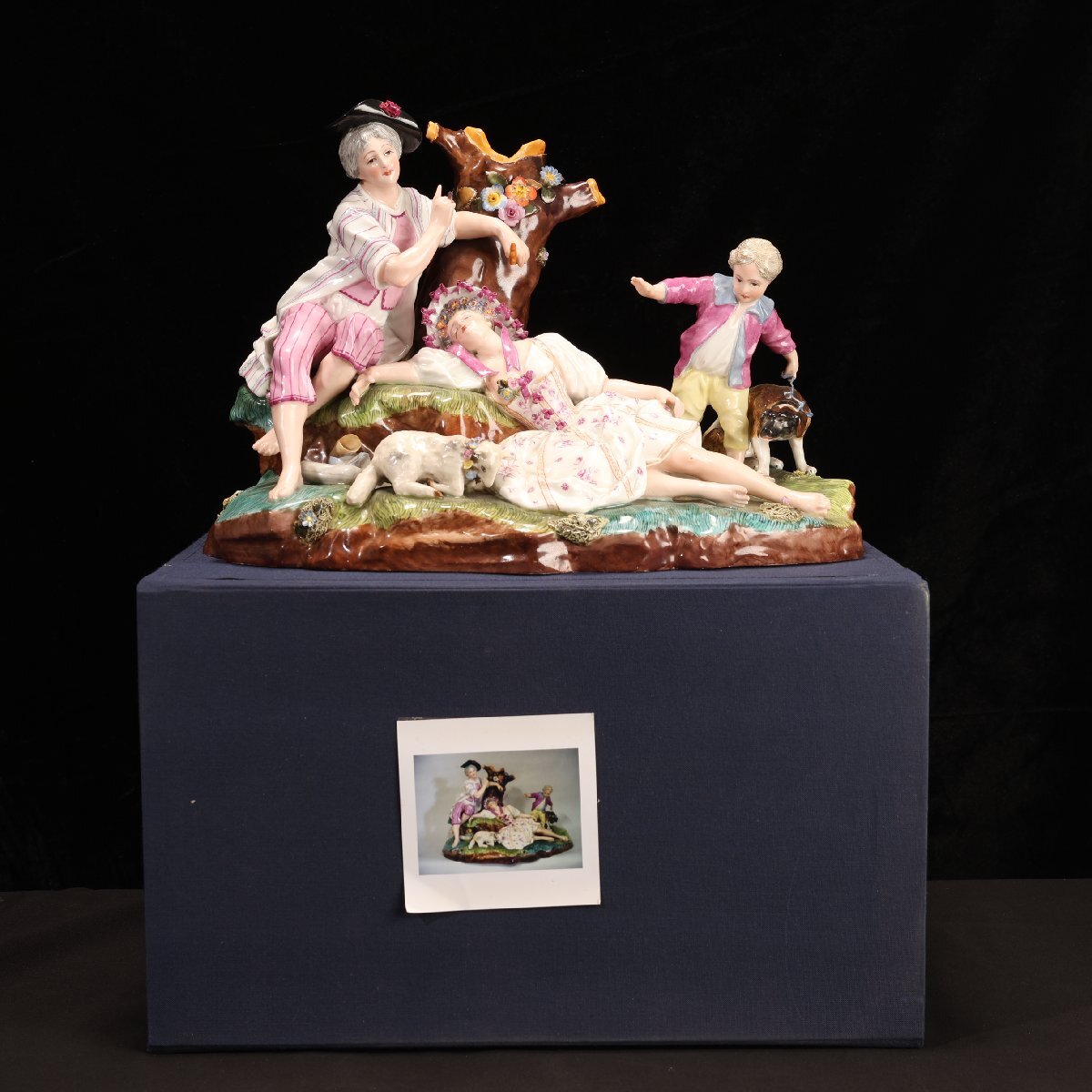 珍品堂】1円から E034 Meissen マイセン 置物 女性子供と犬 本物