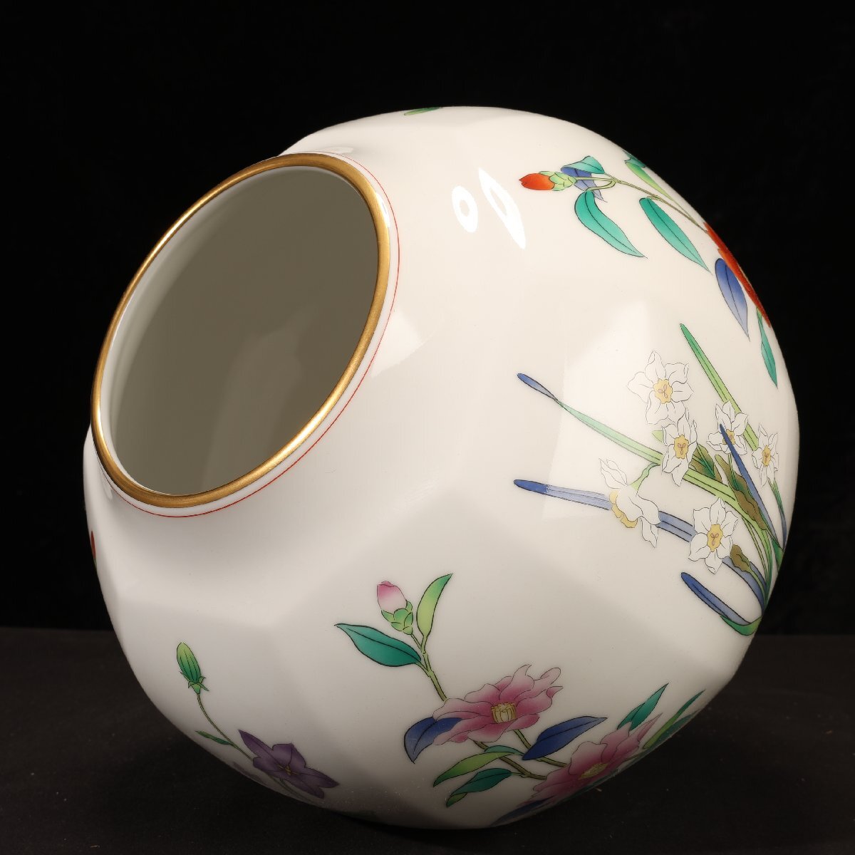 珍品堂】1円から F093 香蘭社 八角花瓶 花絵 共箱 壺 懐石 和
