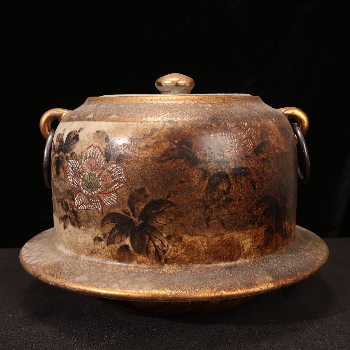 珍品堂】1円から H048-P03 薩摩焼 金彩墨花絵 陶器 茶道具 懐石