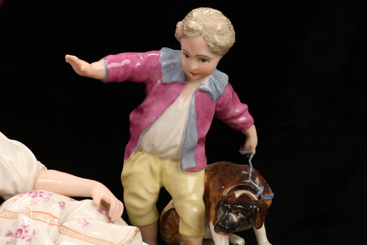珍品堂】1円から E034 Meissen マイセン 置物 女性子供と犬 本物