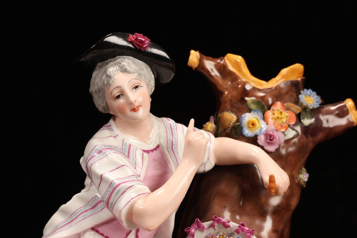 珍品堂】1円から E034 Meissen マイセン 置物 女性子供と犬 本物