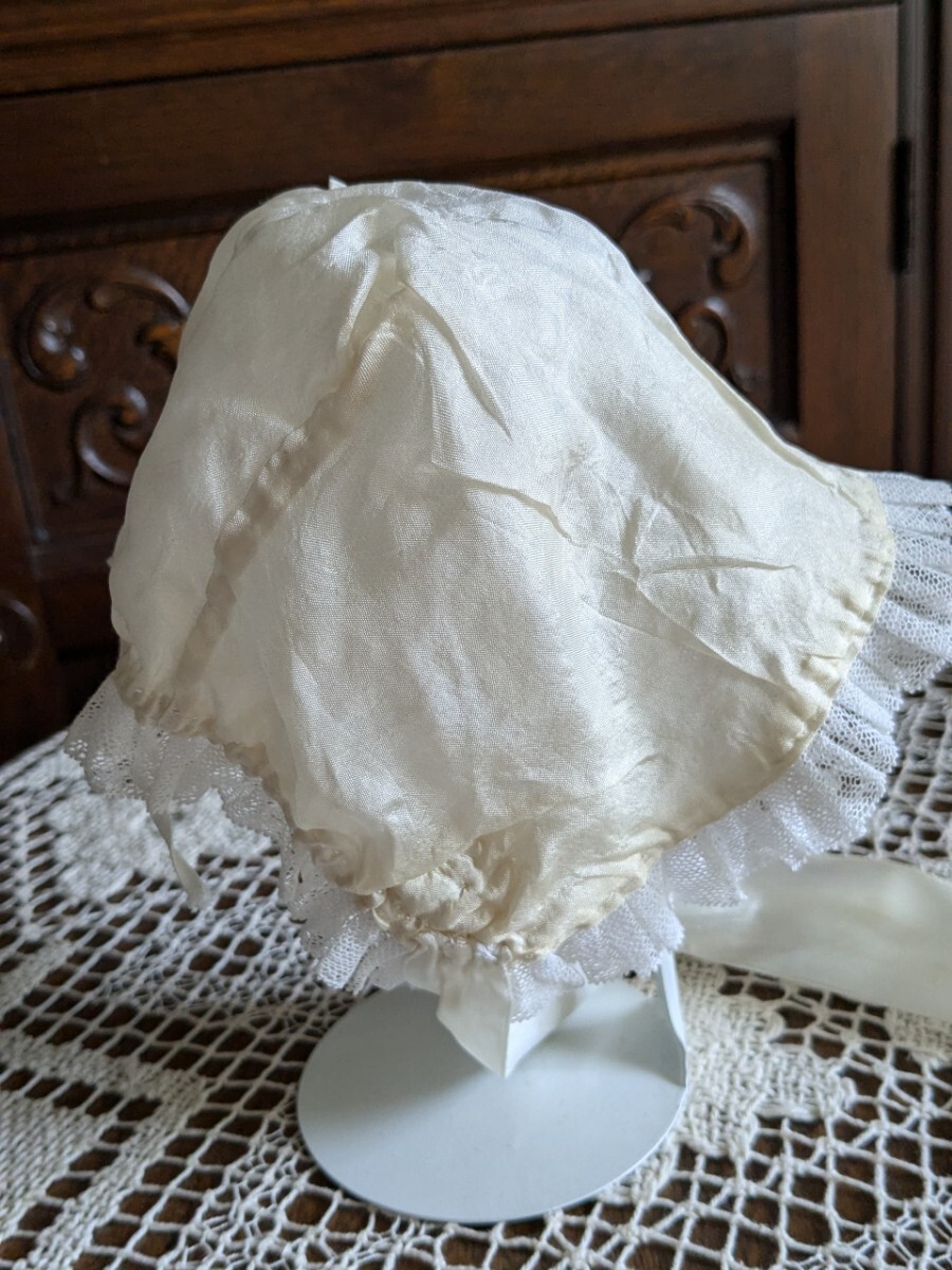 フランスアンティークボネ　フランスアンティークシルクボネ　ビスクドール フランス アンティーク ボネ ビスクドール ボンネット 帽子