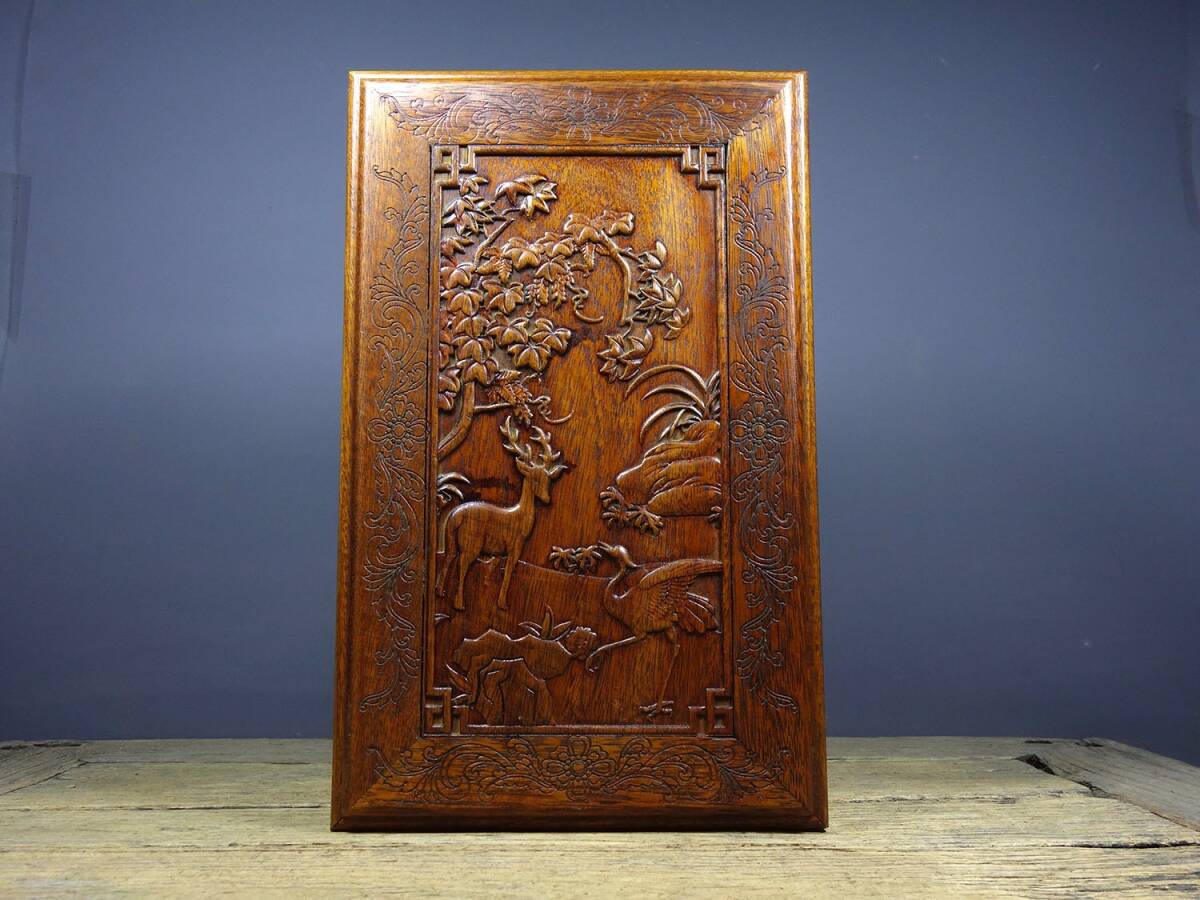 【超珍館蔵】花梨木製 細密彫 鹿鶴同春紋 首飾盒 置物 賞物 古賞物 古美術品 稀少珍蔵品