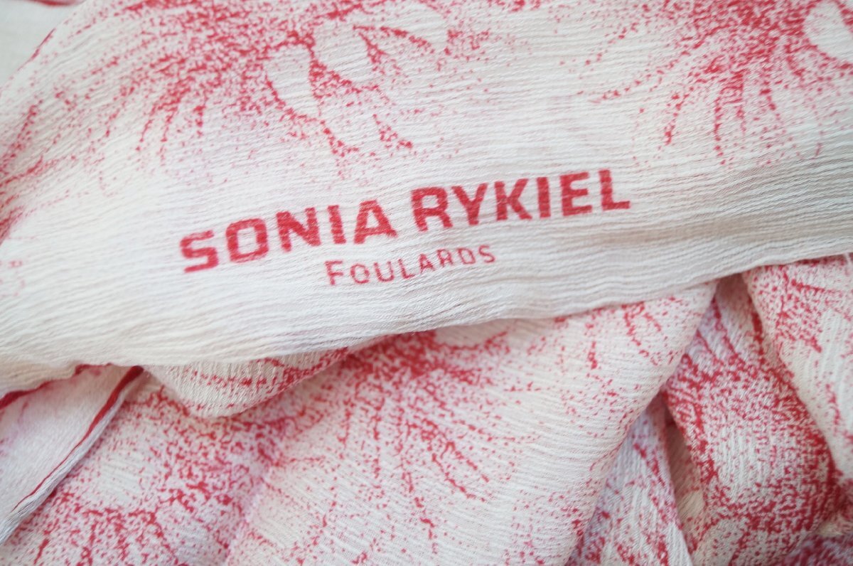★送料無料！SONIA RYKIEL(ソニア リキエル) *花柄模様シルクストール スカーフ　赤×白*古著のgplus広島 2505t3　