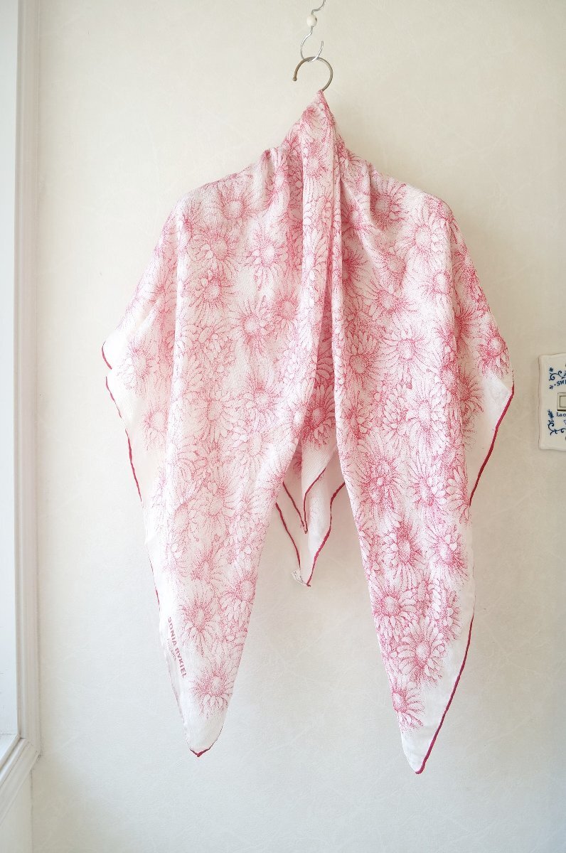 ★送料無料！SONIA RYKIEL(ソニア リキエル) *花柄模様シルクストール スカーフ　赤×白*古著のgplus広島 2505t3　