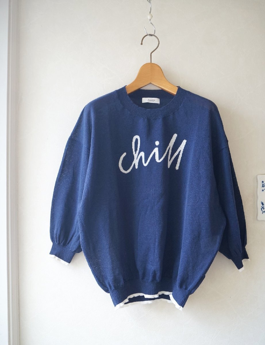 ★送料無(wú)料!! JUDY COLLECTION / ジュディコレクション*春夏 麻×コットン混 ロゴサマートップス ネイビー 38*古著のgplus広島 2505t3