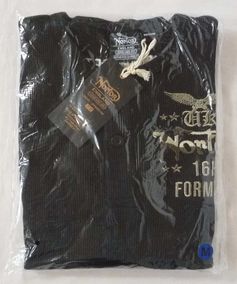 ノートン NORTON 長袖Ｔシャツ ヘンリーネック ワッフル編み 2つボタン 刺繍 Mサイズ ブラック 黒