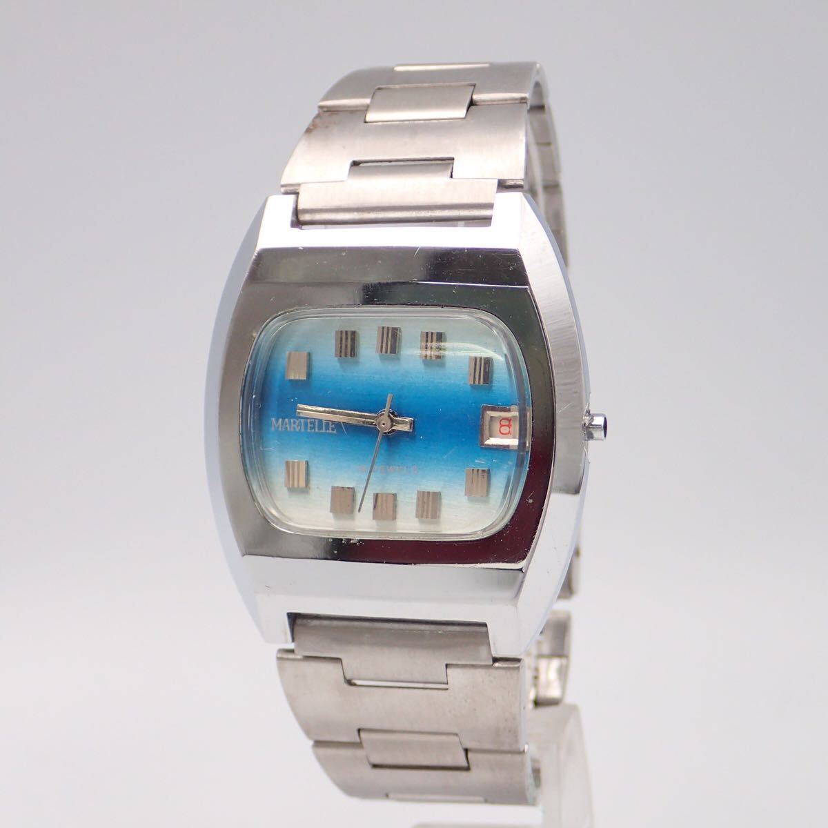 お03253/MARTELLE マーテル/手巻き/腕時(shí)計(jì)/18石/文字盤 シルバー×ブルー/リューズ欠品/ジャンク