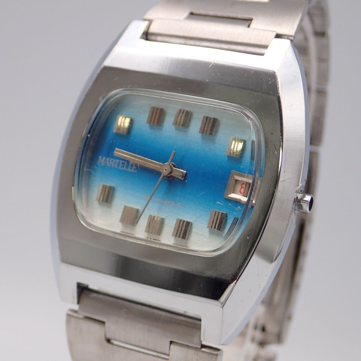 お03253/MARTELLE マーテル/手巻き/腕時(shí)計(jì)/18石/文字盤 シルバー×ブルー/リューズ欠品/ジャンク