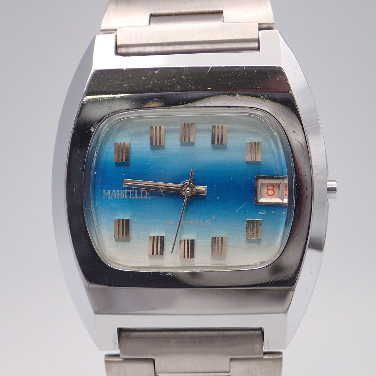 お03253/MARTELLE マーテル/手巻き/腕時(shí)計(jì)/18石/文字盤 シルバー×ブルー/リューズ欠品/ジャンク