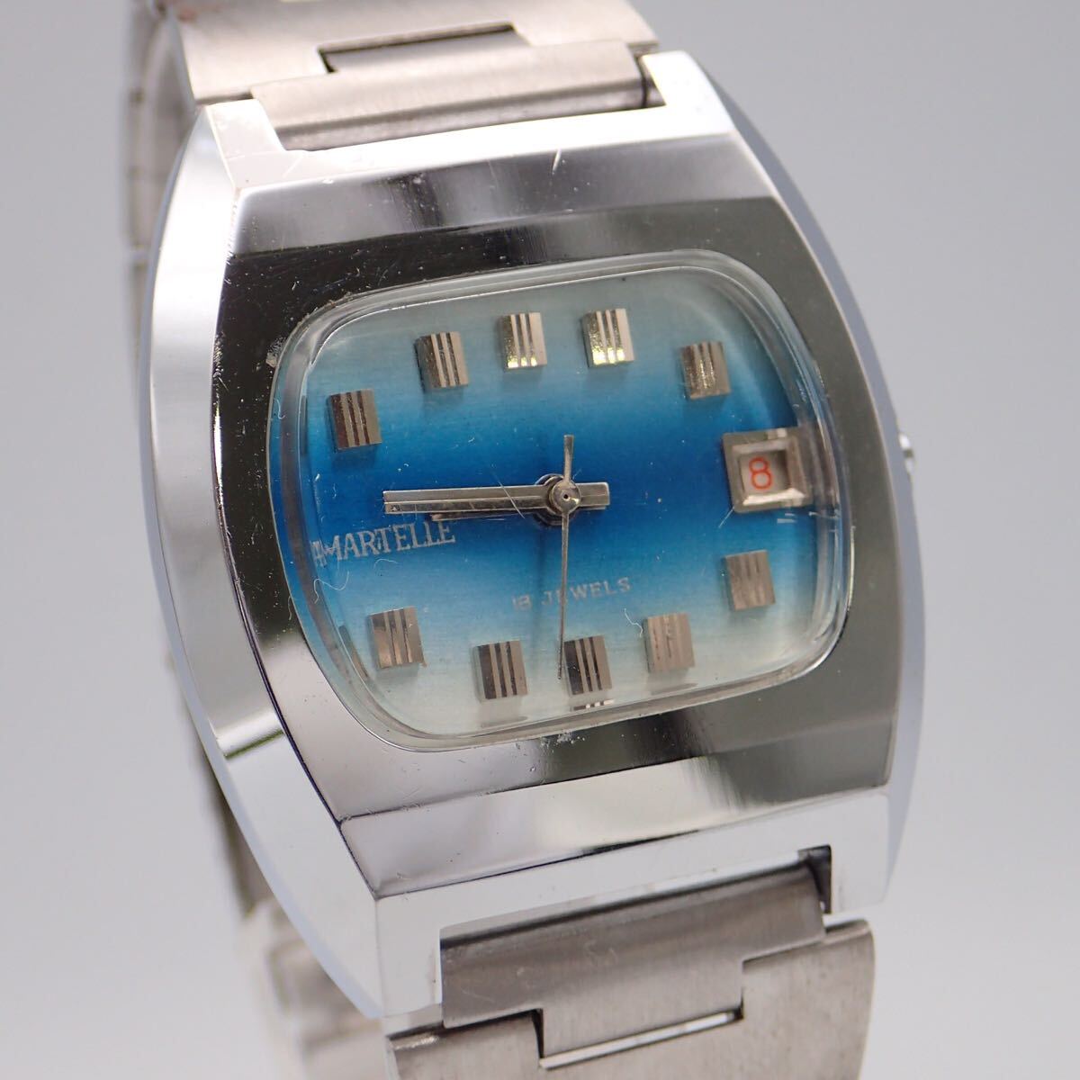 お03253/MARTELLE マーテル/手巻き/腕時(shí)計(jì)/18石/文字盤 シルバー×ブルー/リューズ欠品/ジャンク