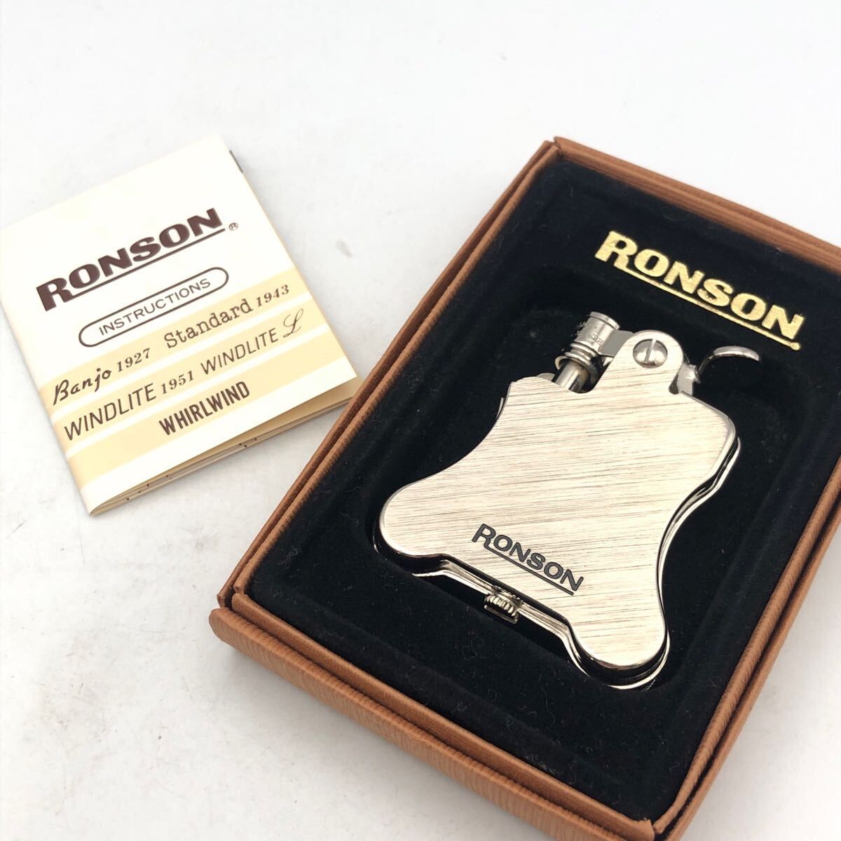 ★F04090【美品】RONSON ロンソン/オイルライター/バンジョー/ヘアライン/シルバー/箱付/火花OK/ヴィンテージ