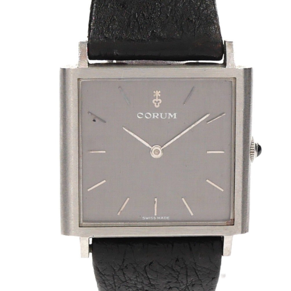 1円スタート 稼働品 CORUM コルム メンズ 腕時計 手巻き 機(jī)械式 スクエアフェイス ヴィンテージ 2針 ステンレススチール SS シルバー文字盤