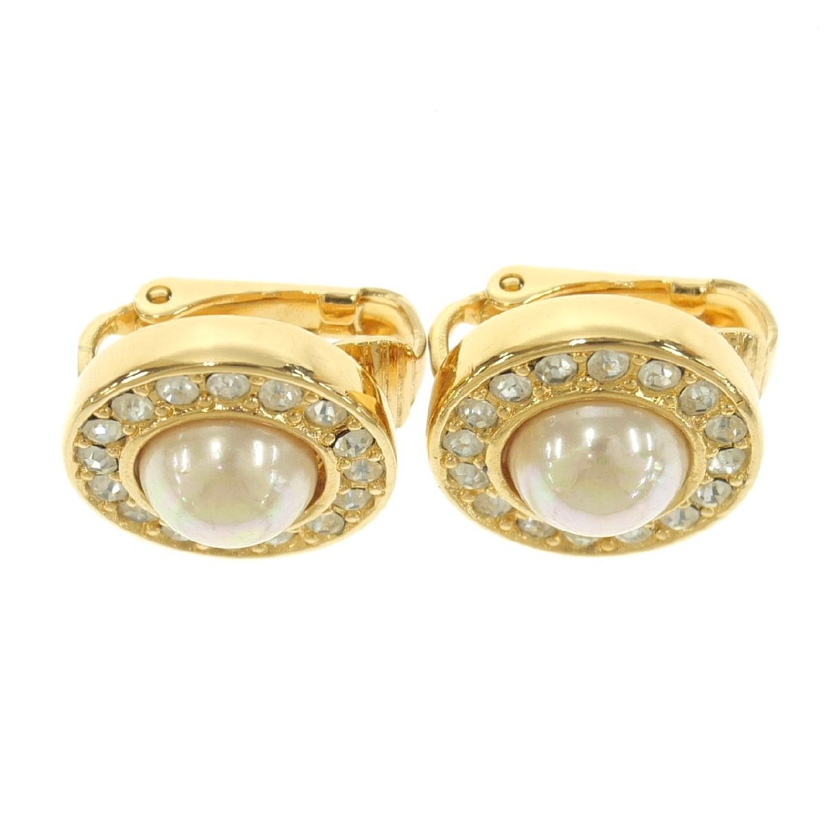 1円スタート Christian Dior クリスチャンディオール ラインストーン パール イヤリング ゴールド クリップ式 アクセサリー レディース