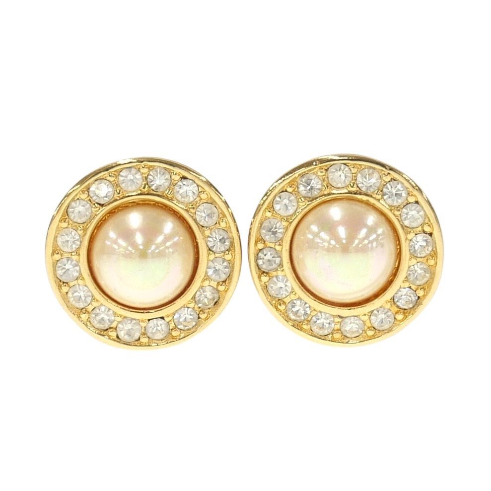 1円スタート Christian Dior クリスチャンディオール ラインストーン パール イヤリング ゴールド クリップ式 アクセサリー レディース