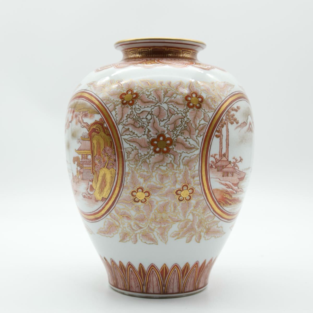 【予約】 九谷焼 在銘 高さ 壺 花入 花瓶 山水図 細密 赤絵 金彩 須田菁華 工芸品