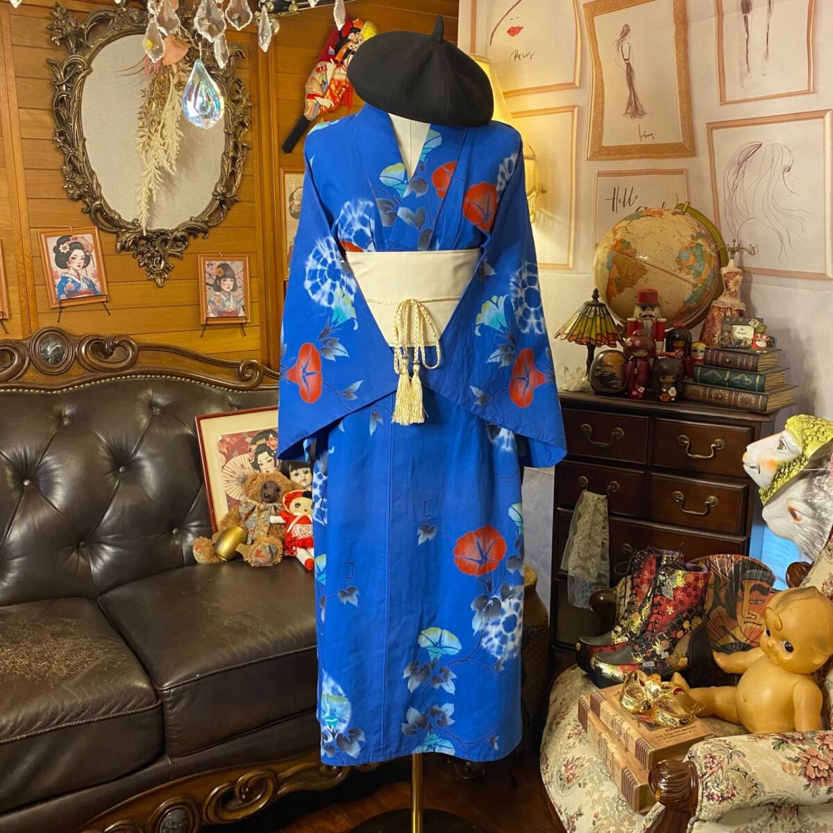 浴衣リメイク セミロング ワンピース ドレス 帯サッシュベルト 和洋折衷 レトロ 古著 ハンドメイド 朝顔ひらく、夏の靜けさ。 W-584