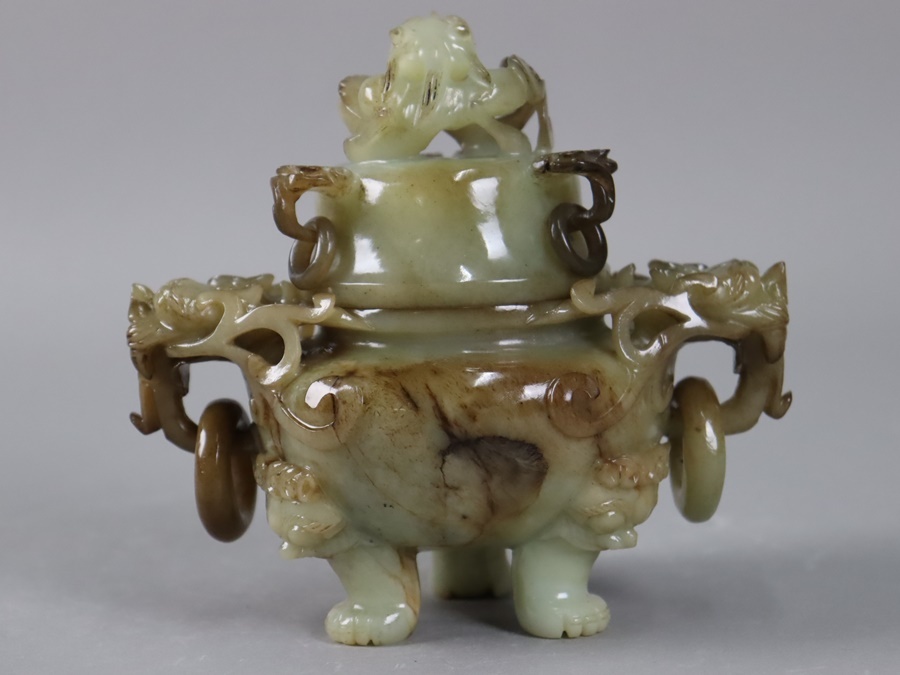 中国古玩 翡翠玉石 彫刻 龍蓋彫遊環付 香炉 置物 天然石 鑑賞石