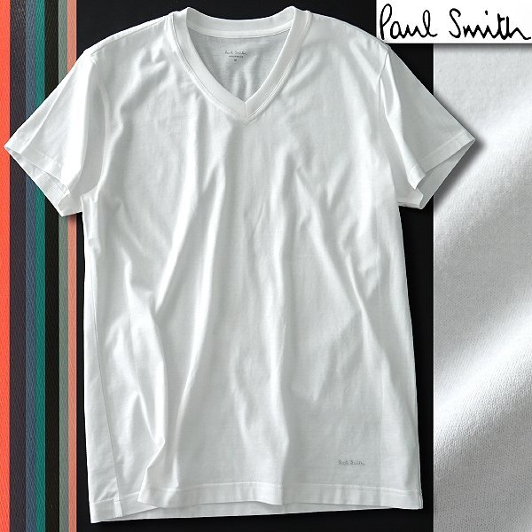 新品 ポールスミス ロゴ ワンポイント Vネック 半袖 Tシャツ LL 白 【I42037】 Paul Smith カットソー メンズ 吸水速干 ストレッチ