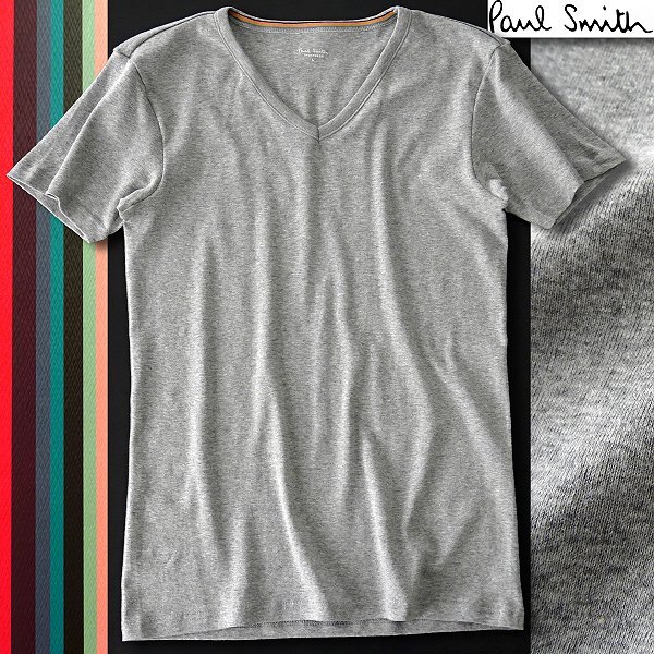 新品 ポールスミス アーティストストライプ Vネック 半袖 Tシャツ M 灰 【I58169】 Paul Smith カットソー メンズ 吸水速干 ストレッチ