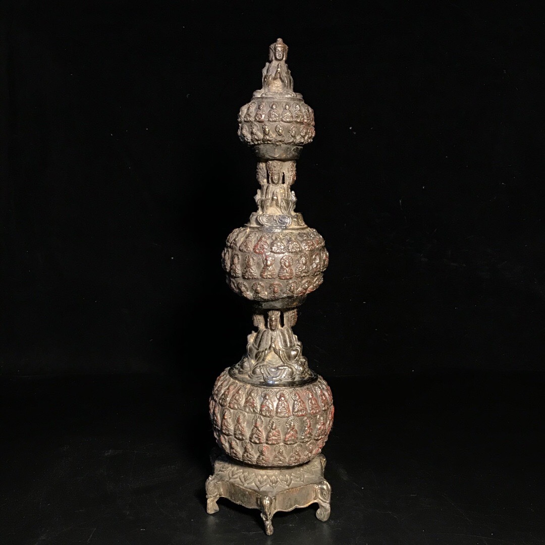 仁】『銅製・泥金・朱砂・萬仏塔・置物・賞物』極細工 古董品